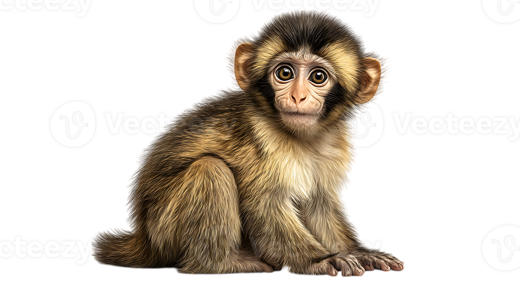 Adorable young monkey with big eyes sitting and looking forward isolated on transparent background png