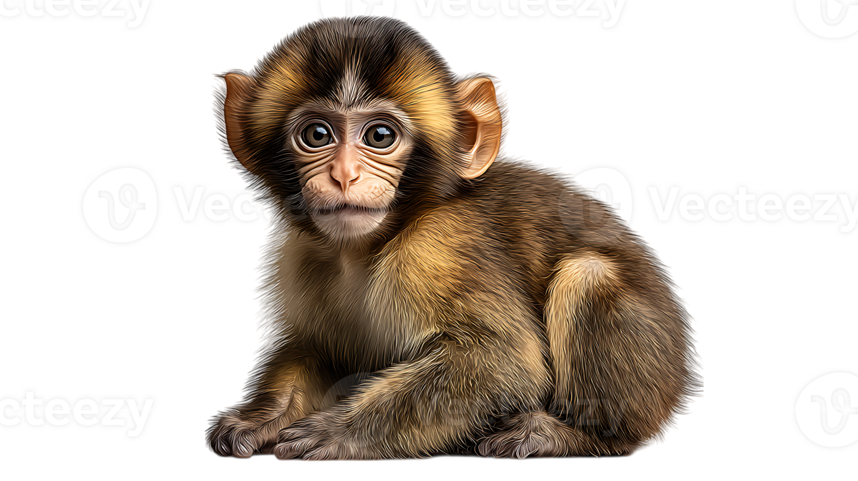 Adorable baby monkey with large expressive eyes sitting calmly isolated on transparent background png