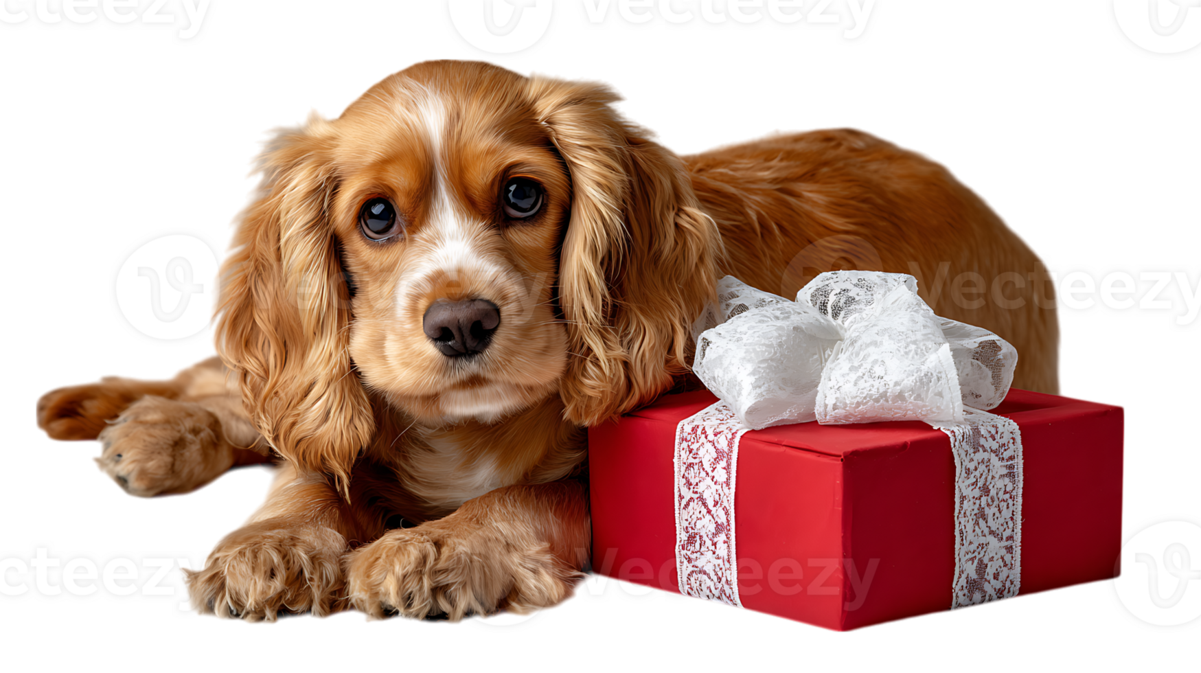 Adorable cocker spaniel puppy posing with a red gift box and white lace bow isolated on transparent background png