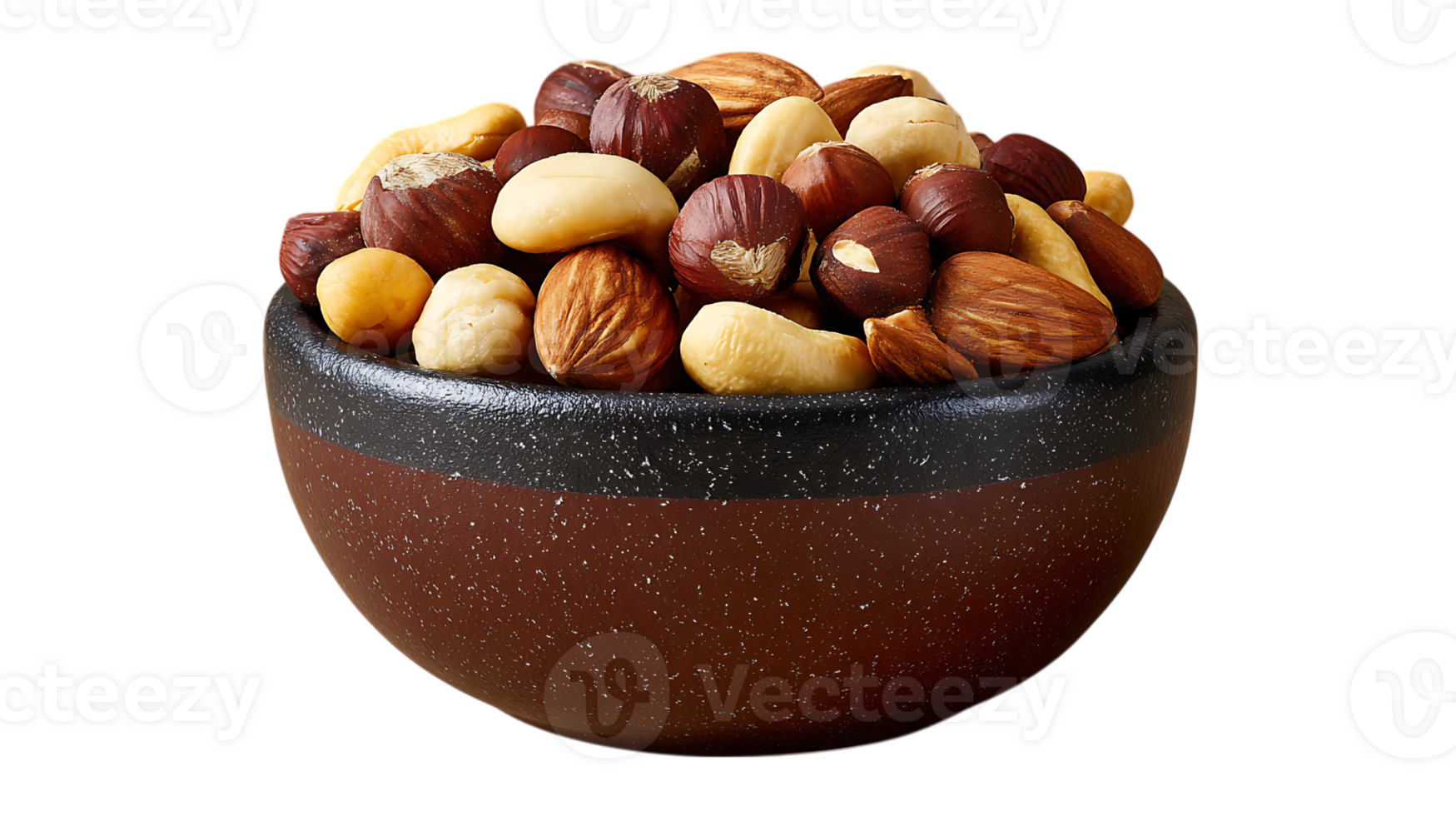 A rustic bowl filled with a generous assortment of mixed nuts including hazelnuts almonds and cashews isolated on transparent background png