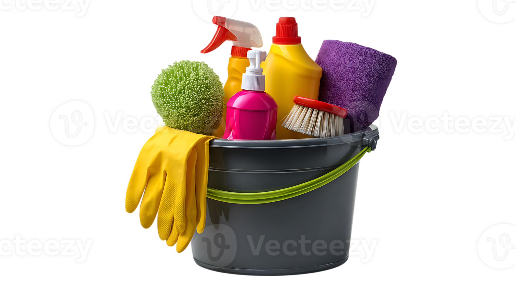 A gray cleaning bucket filled with yellow gloves a green scrub brush pink soap dispenser yellow spray bottle and a purple towel isolated on transparent background png