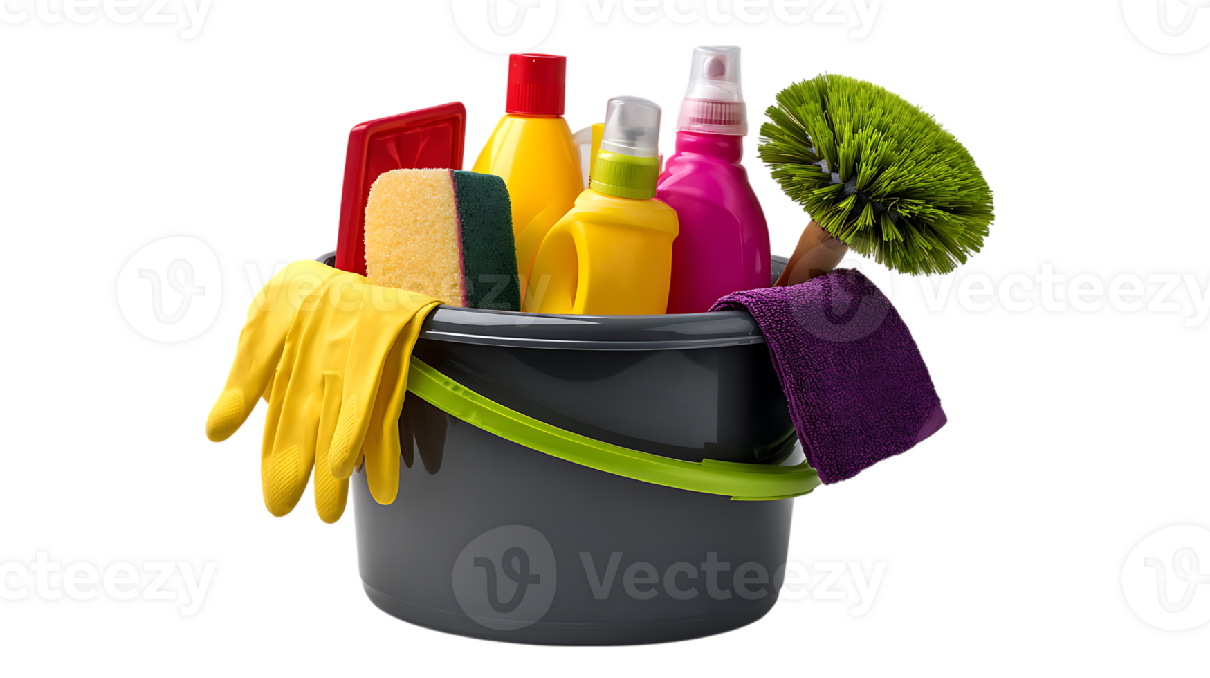 A bucket filled with cleaning supplies including gloves sponges spray bottles and a brush isolated on transparent background png