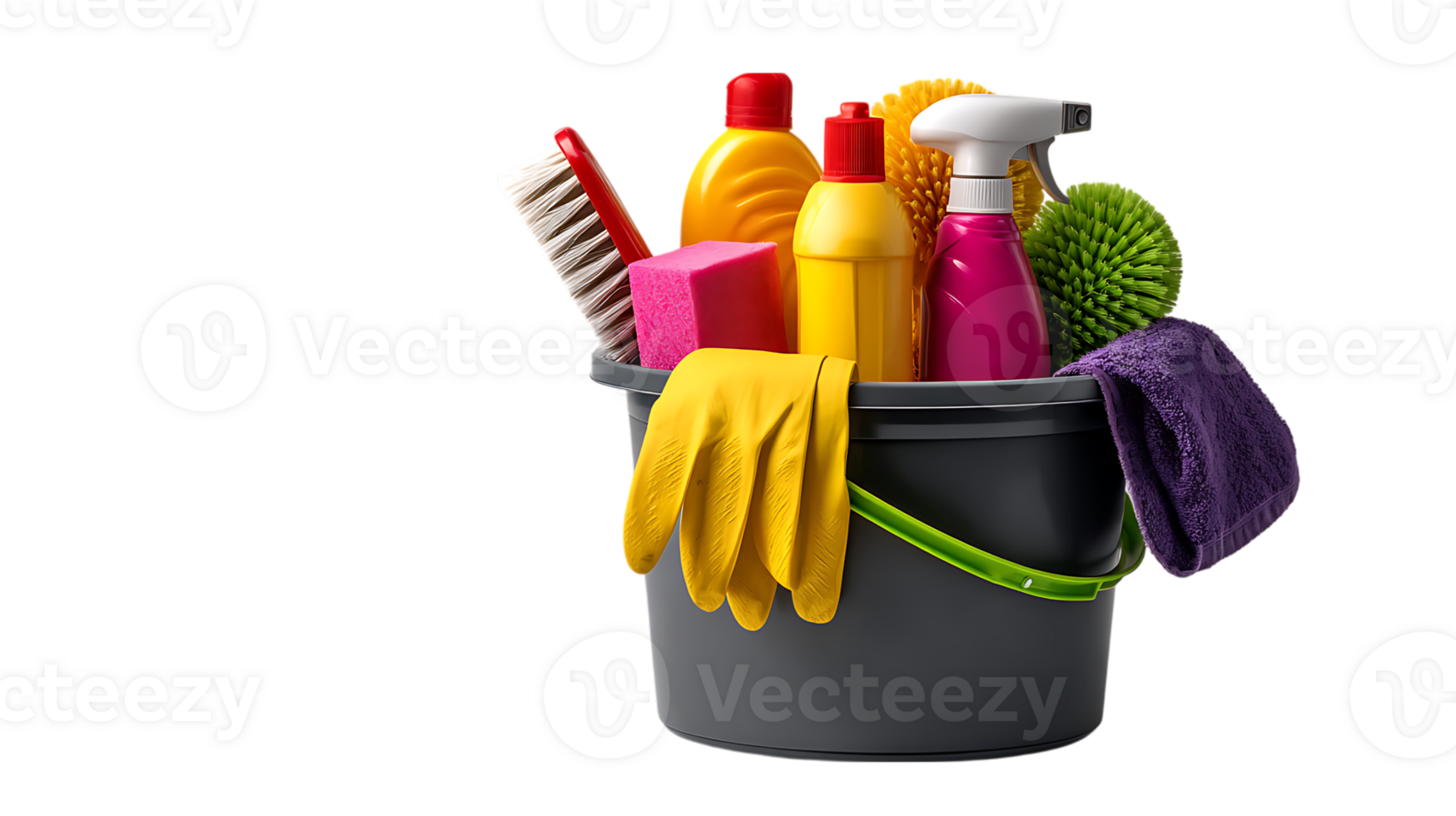 A dark gray bucket filled with assorted cleaning supplies including gloves and brushes isolated on transparent background png