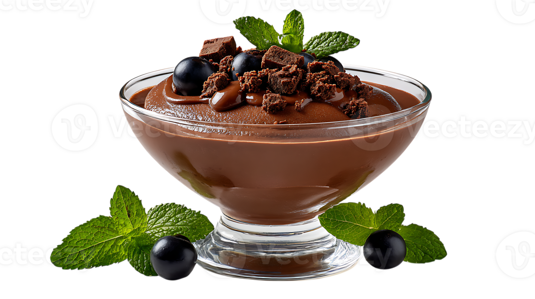 Decadent chocolate mousse dessert with berries and mint leaves isolated on transparent background png