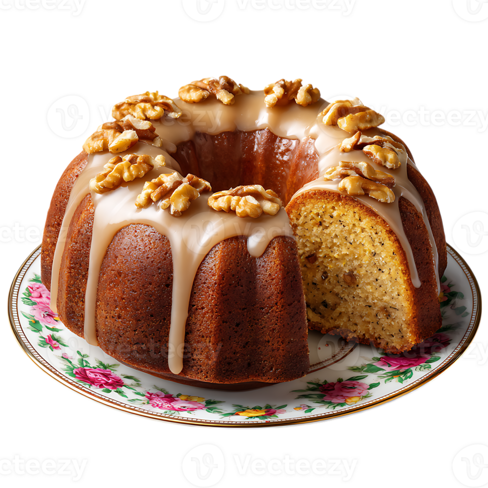Deliciously glazed walnut bundt cake with a slice removed showing the moist interior isolated on transparent background png