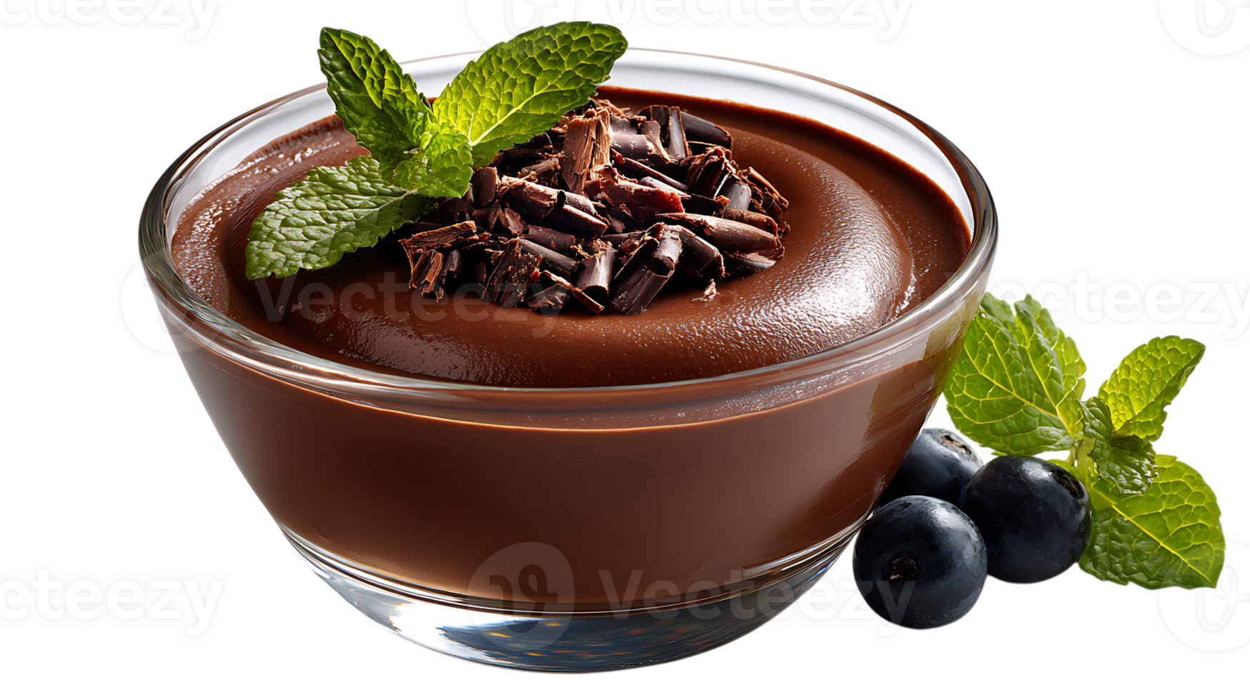 Rich chocolate mousse dessert garnished with mint leaves and chocolate shavings isolated on transparent background png