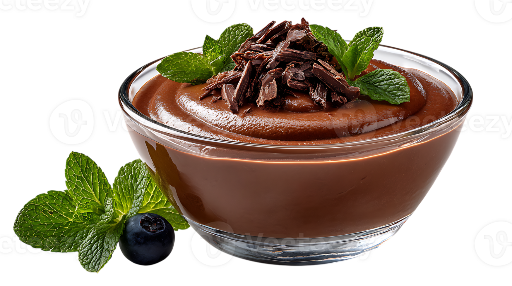 Rich chocolate mousse dessert in a glass bowl garnished with chocolate shavings mint leaves and a blueberry isolated on transparent background png