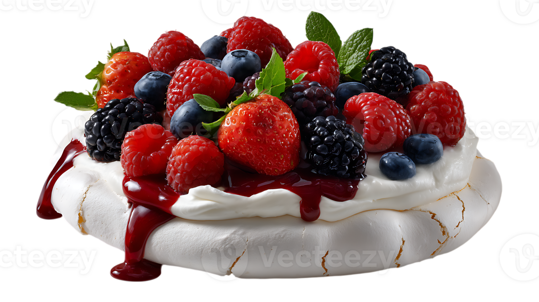 Delicious pavlova dessert topped with fresh mixed berries and red berry coulis isolated on transparent background png