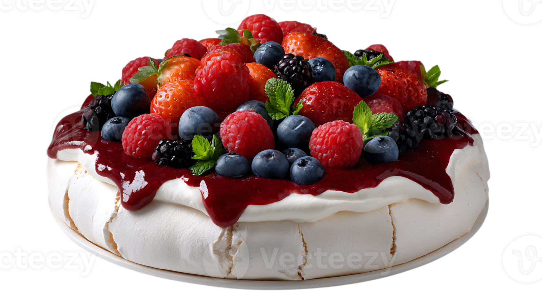 Delicious berry pavlova dessert with cream and berry coulis isolated on transparent background png
