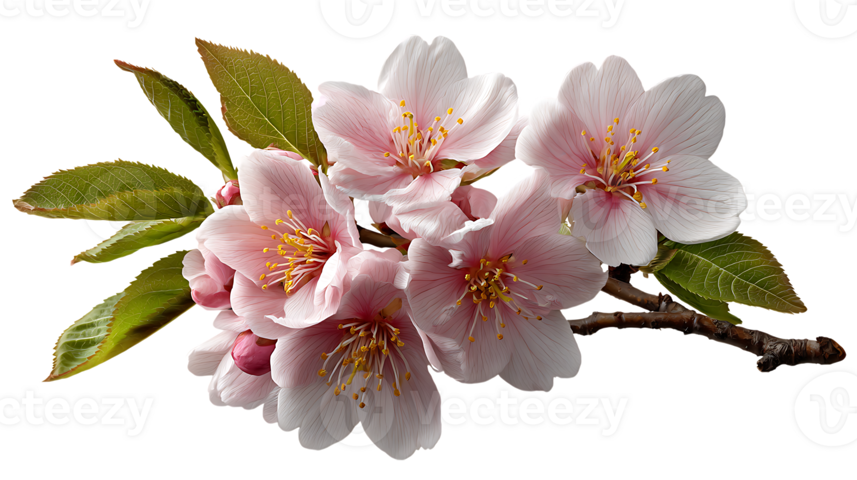 Delicate pink cherry blossoms with green leaves and buds on a branch isolated on transparent background png