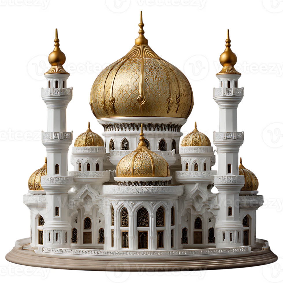 Magnificent white mosque with intricate golden domes and minarets isolated on transparent background png