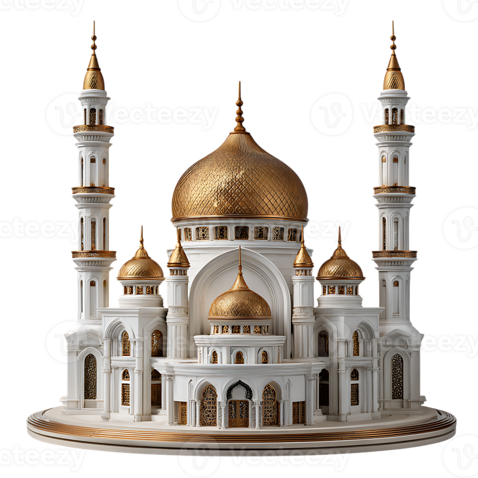 Magnificent white and gold mosque with intricate details and golden domes isolated on transparent background png