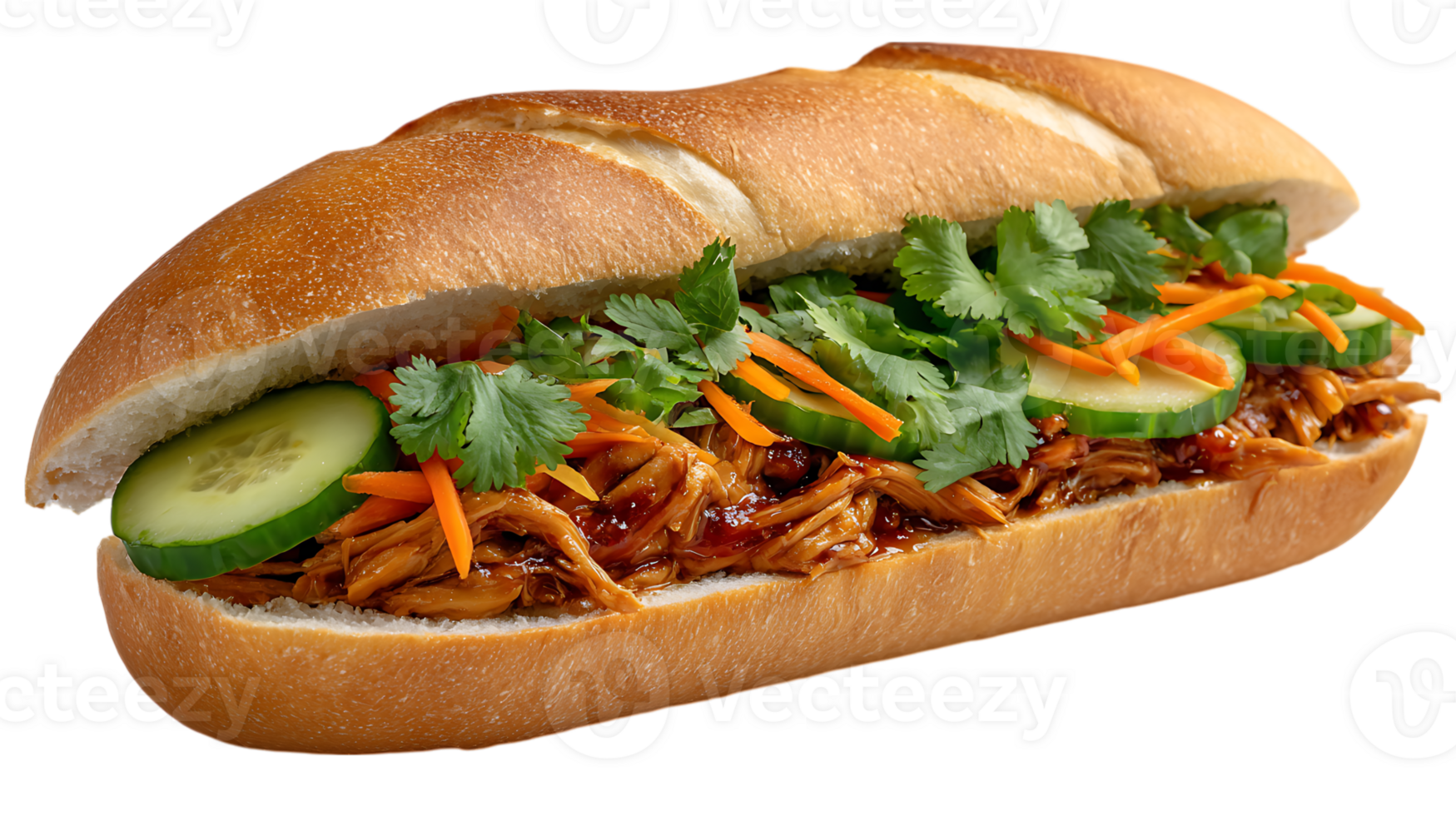 Delicious vietnamese banh mi sandwich filled with savory shredded chicken crisp cucumber slices shredded carrots and fresh cilantro isolated on transparent background png