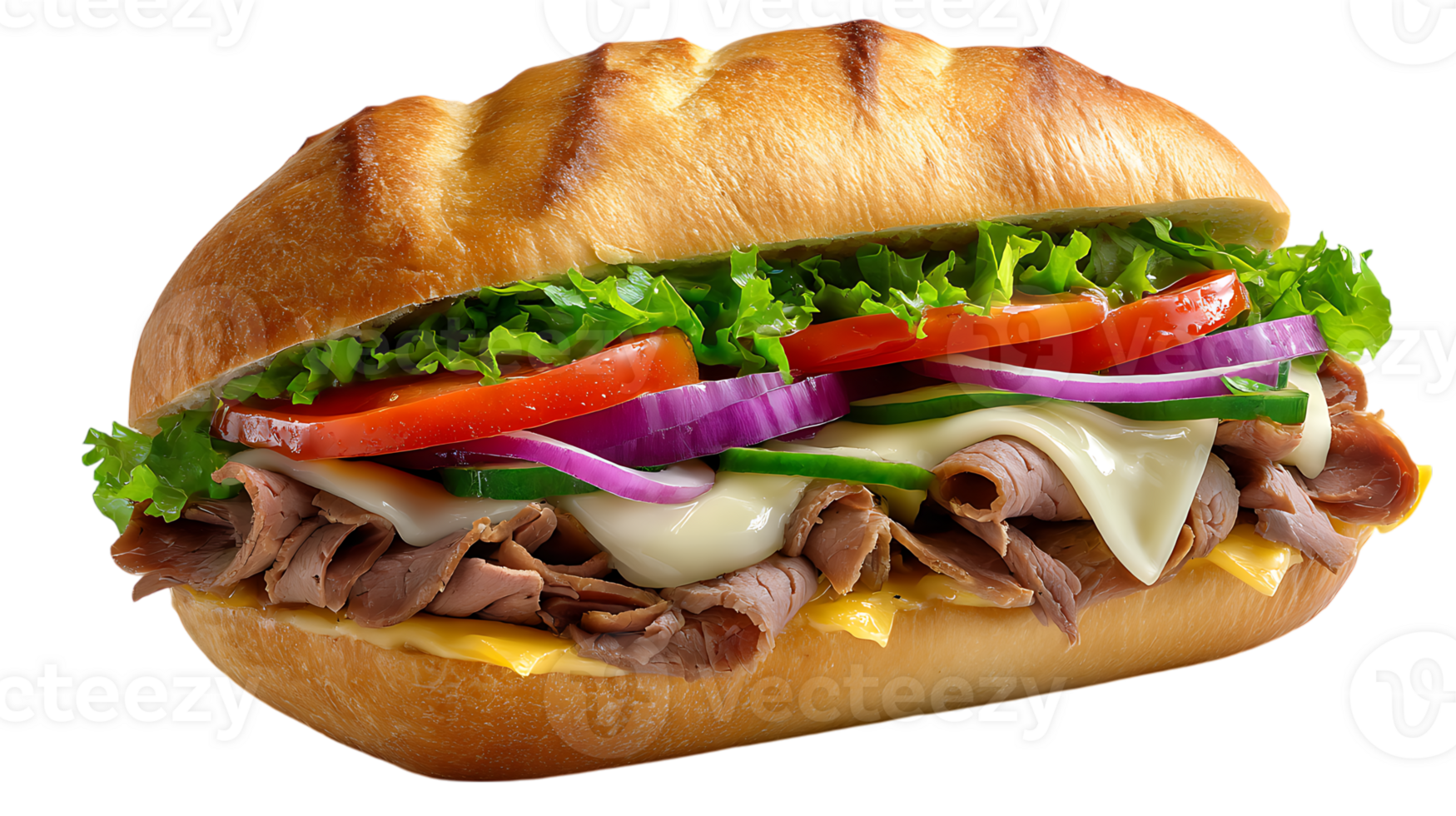 Delicious roast beef sub sandwich filled with fresh lettuce tomato onion cucumber and melted cheese isolated on transparent background png