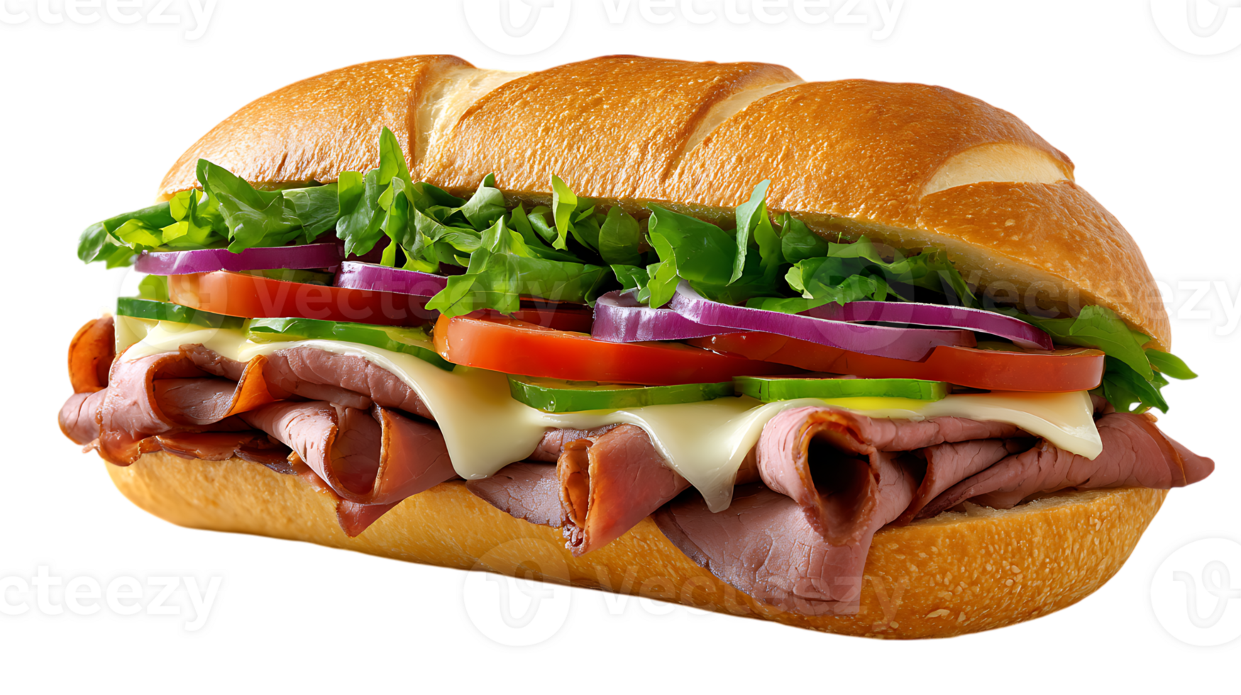 Delicious roast beef sandwich with fresh lettuce tomato onion cucumber and cheese on a toasted bun isolated on transparent background png