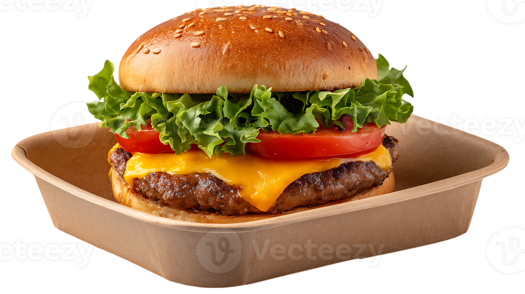 Juicy cheeseburger with fresh lettuce and tomato in a kraft paper tray isolated on transparent background png