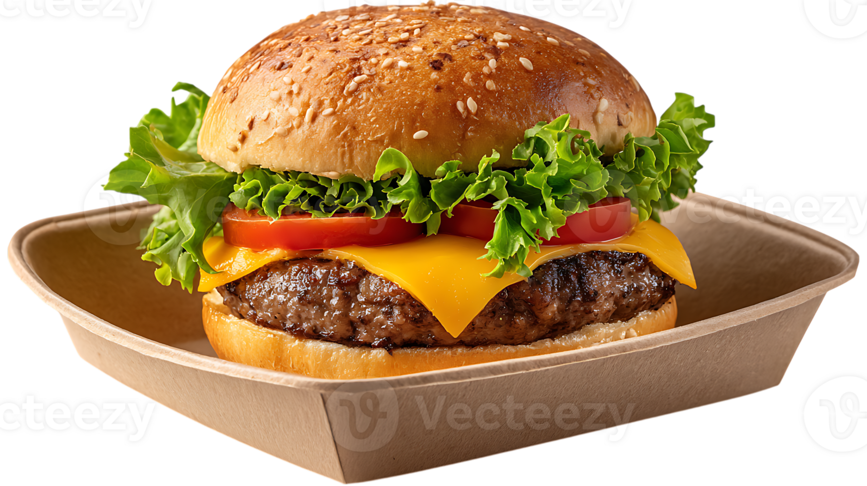 Juicy cheeseburger with fresh lettuce and tomato in a biodegradable container isolated on transparent background image png