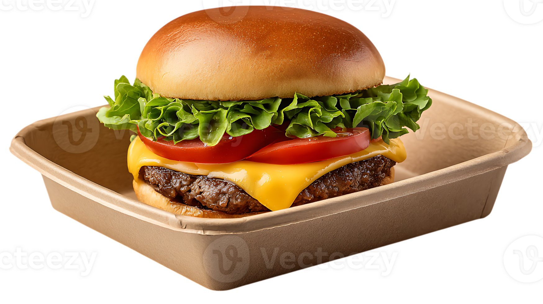 Delicious cheeseburger with fresh lettuce and tomato in a cardboard container isolated on transparent background png