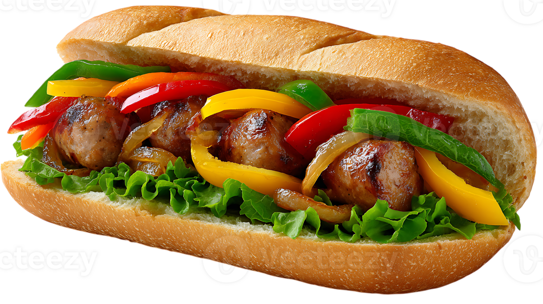Hearty sausage and pepper submarine sandwich with fresh lettuce and colorful bell peppers isolated on transparent background png