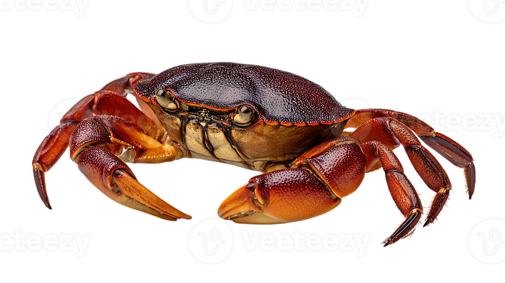 Detailed close up view of a reddish brown crab with prominent claws and legs isolated on transparent background png
