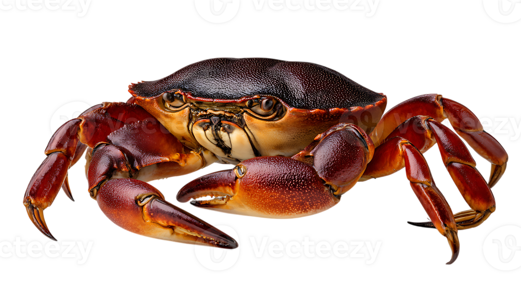 A detailed close up studio shot of a large reddish brown crab with prominent claws and legs isolated on transparent background png