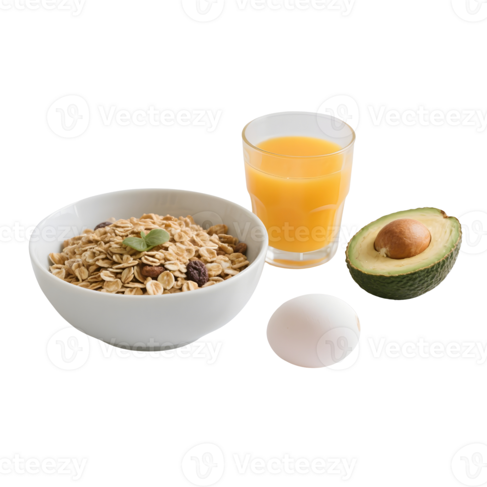 Healthy breakfast with cereal juice avocado and egg isolated on transparent png