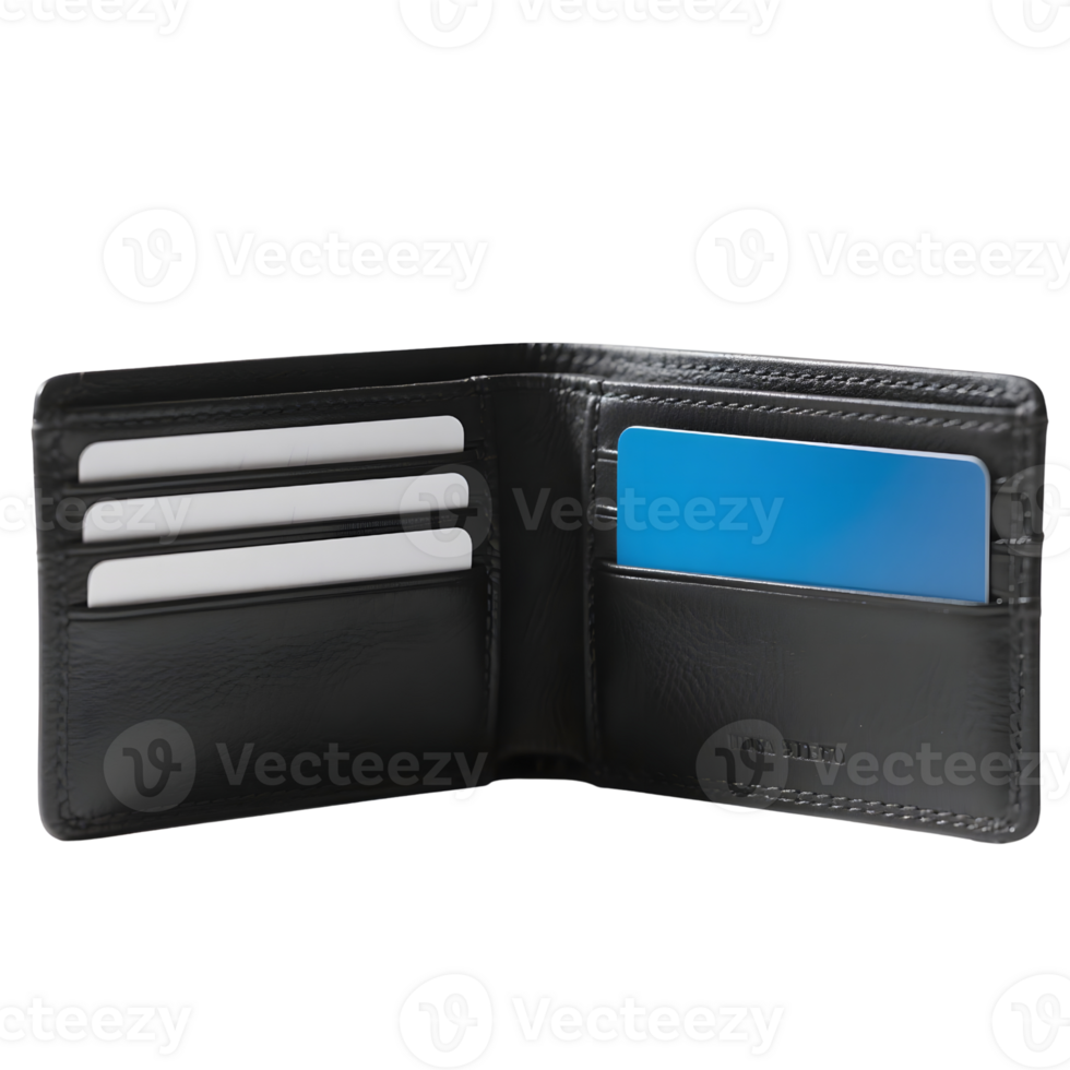 Open black leather wallet with cards isolated on transparent background png