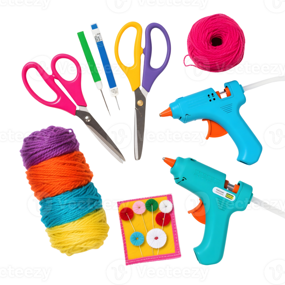 Craft supplies including scissors yarn and glue guns isolated on white png