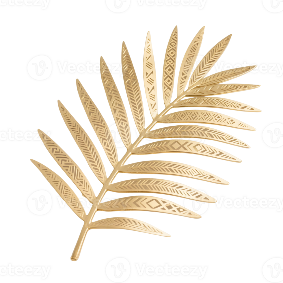 Golden tropical leaf with tribal pattern isolated on transparent background png