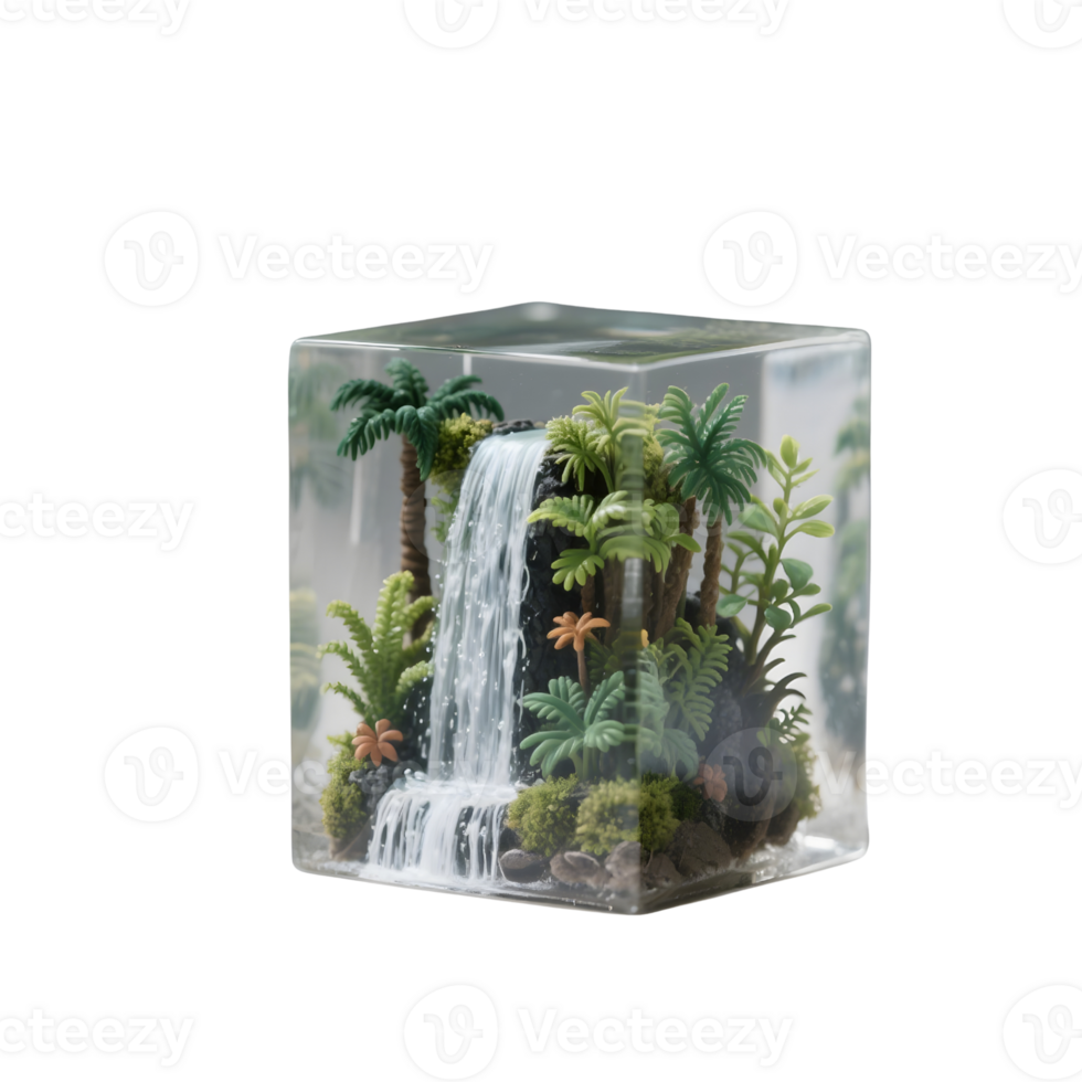 Miniature tropical waterfall landscape in clear cube isolated on transparent png
