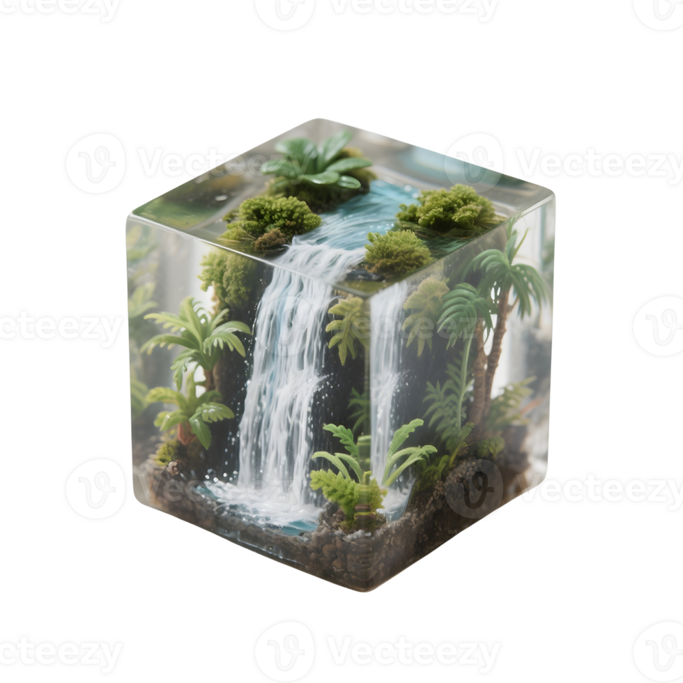 Miniature tropical waterfall landscape inside a clear cube isolated on transparent png