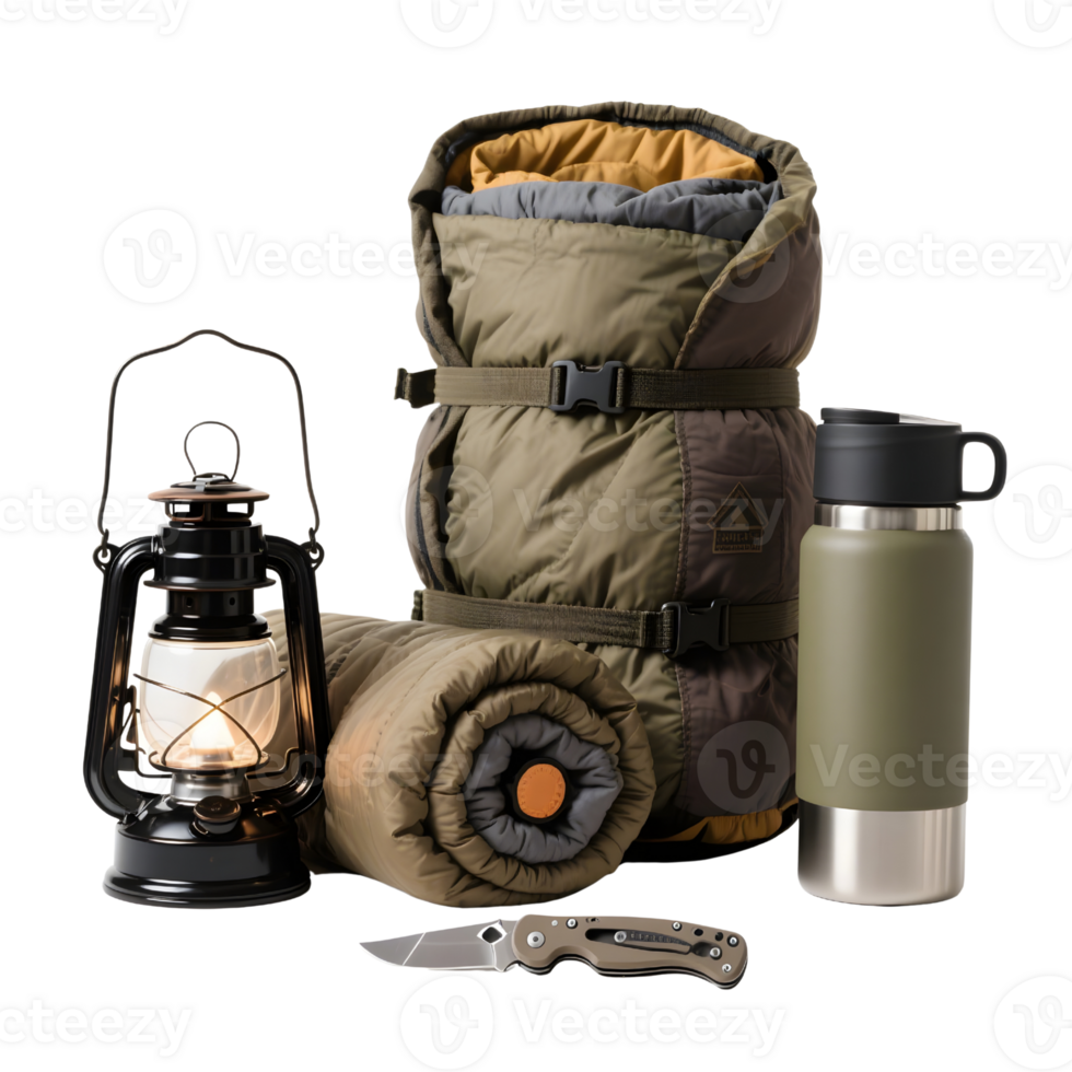 Camping gear including lantern sleeping bag knife and thermos isolated on transparent png