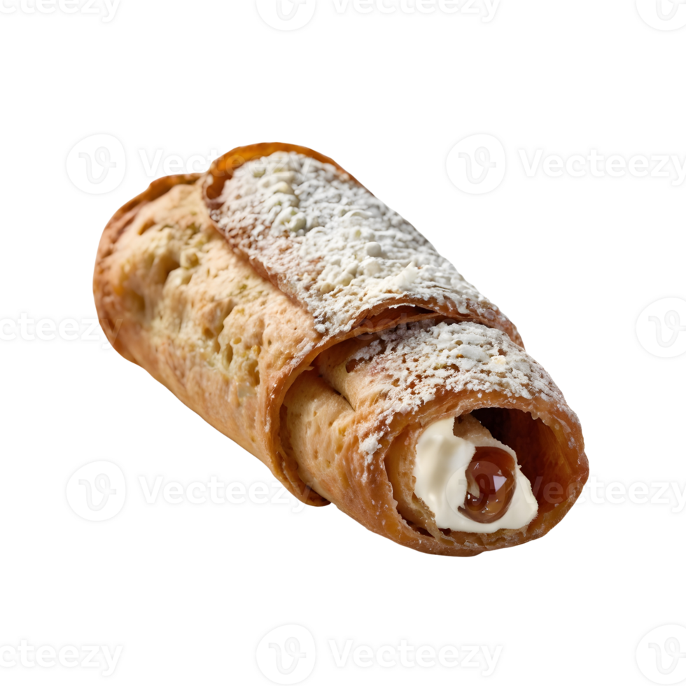 Cream filled cannoli isolated on transparent background shows shell texture png
