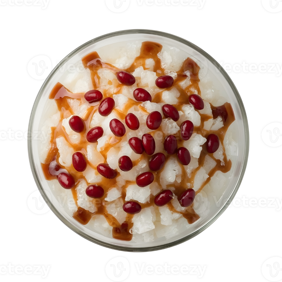 Korean bingsu with red bean and caramel sauce isolated on transparent background png