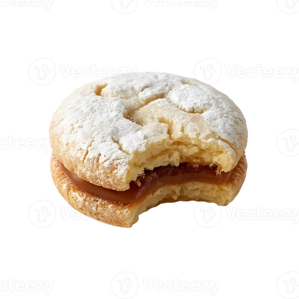 Bitten alfajor cookie with dulce de leche isolated on transparent background png