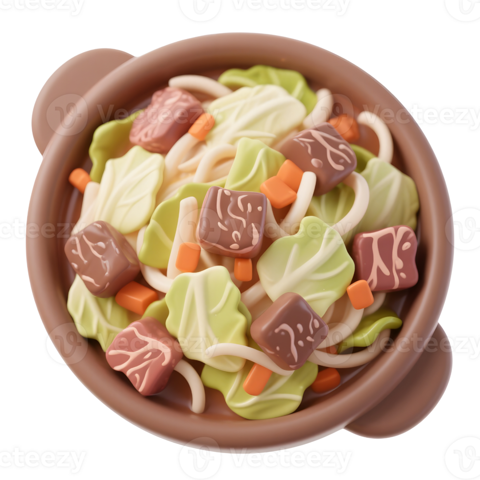 Bowl of udon noodle soup with meat and vegetables isolated on white png