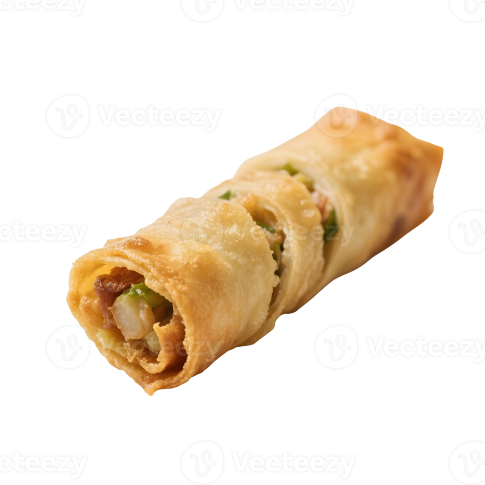 Golden spring roll isolated on transparent background shows savory filling png
