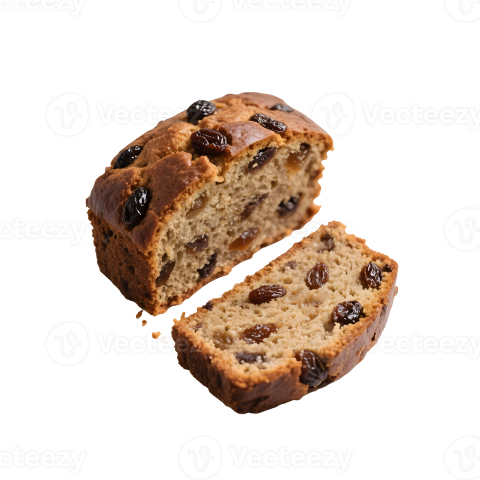 Sliced raisin bread loaf isolated on transparent background shows texture png