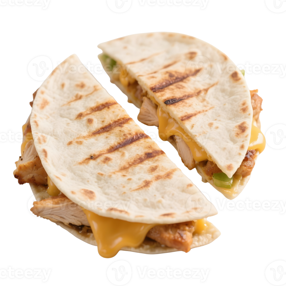 Halved chicken quesadilla with cheese isolated on transparent background png