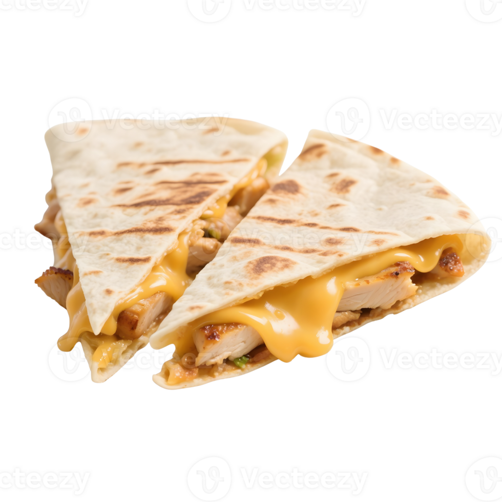 Two halves of a chicken quesadilla isolated on transparent background png