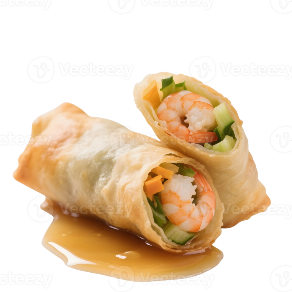Two shrimp spring rolls isolated on transparent background with sauce png
