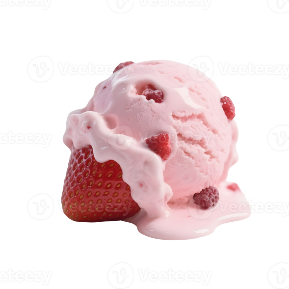 Strawberry ice cream scoop with raspberries isolated on transparent background png