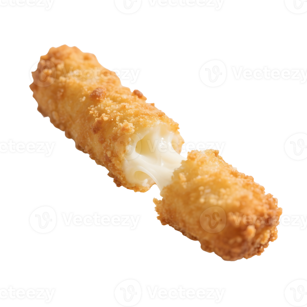 Crispy fried mozzarella cheese stick split open isolated on transparent background png