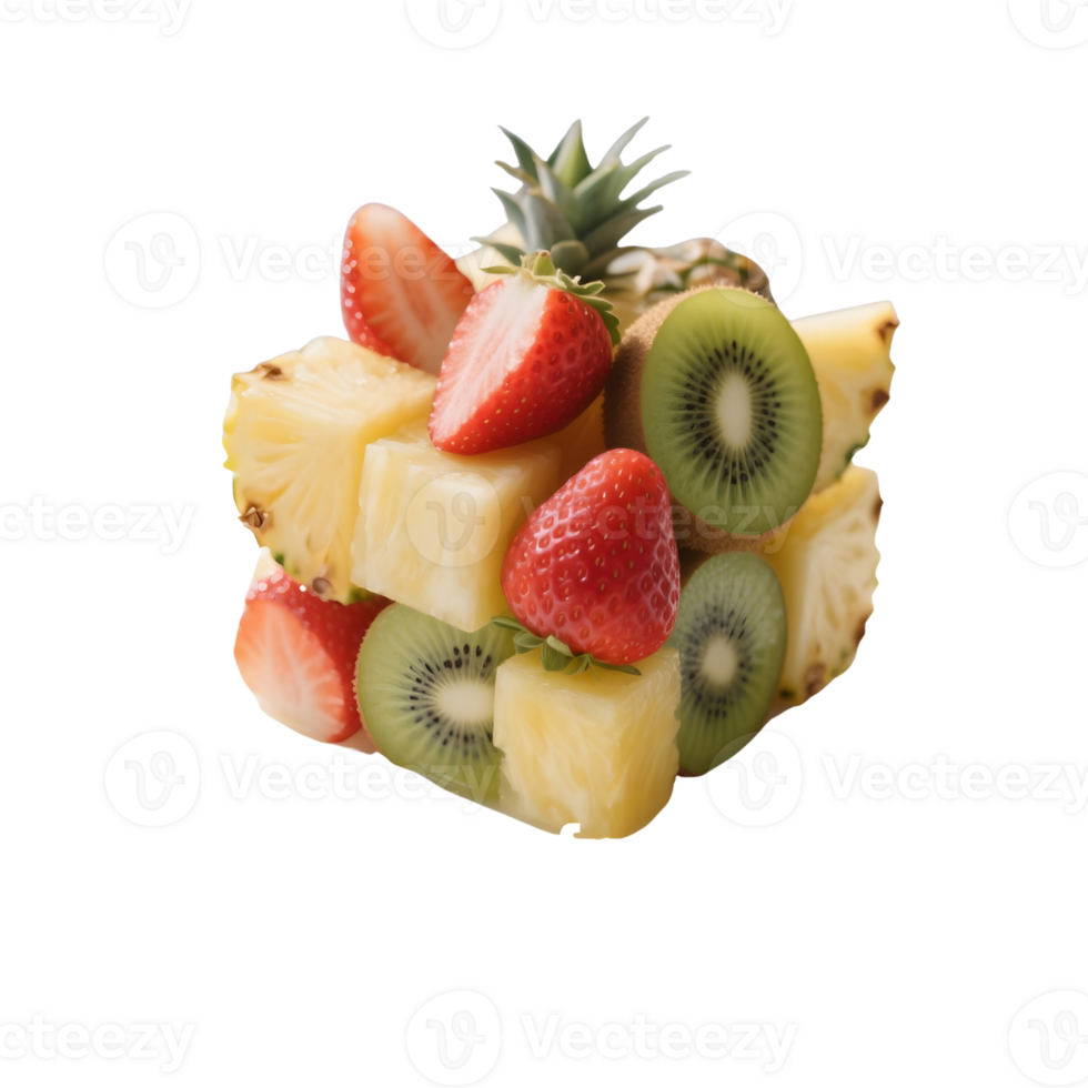 Fruit cube with pineapple strawberry and kiwi isolated on transparent background png