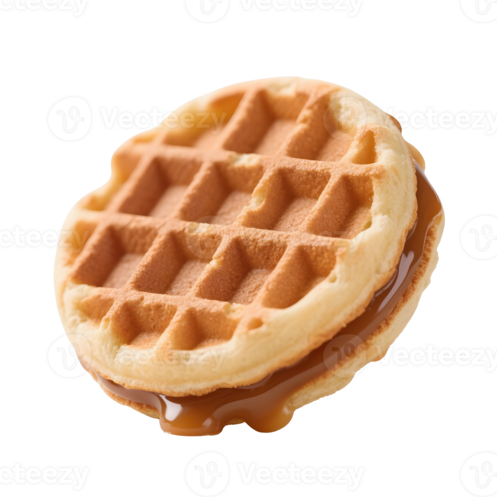Two waffles filled with caramel sauce isolated on transparent background png