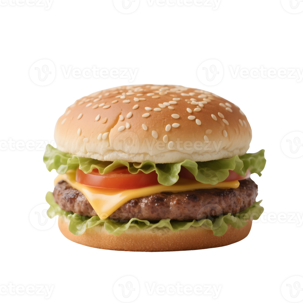 A classic hamburger with cheese and vegetables isolated on transparent background png