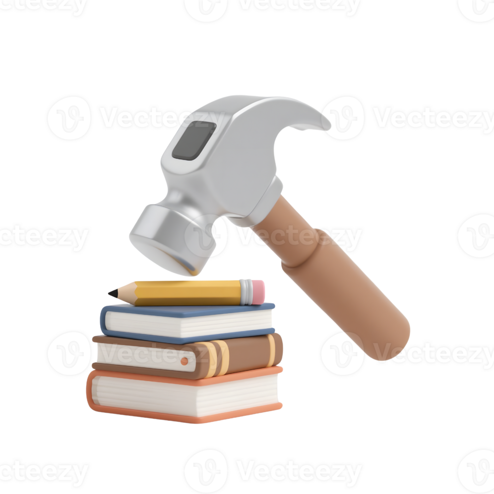 Hammer resting on a stack of books with a pencil isolated on transparent background png