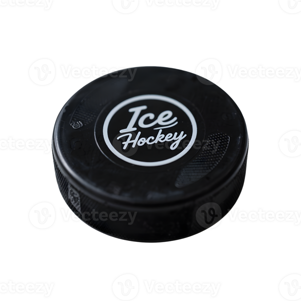 Black ice hockey puck with white logo isolated on transparent background png