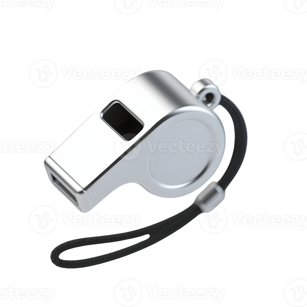 Silver metal whistle with black cord isolated on transparent background png