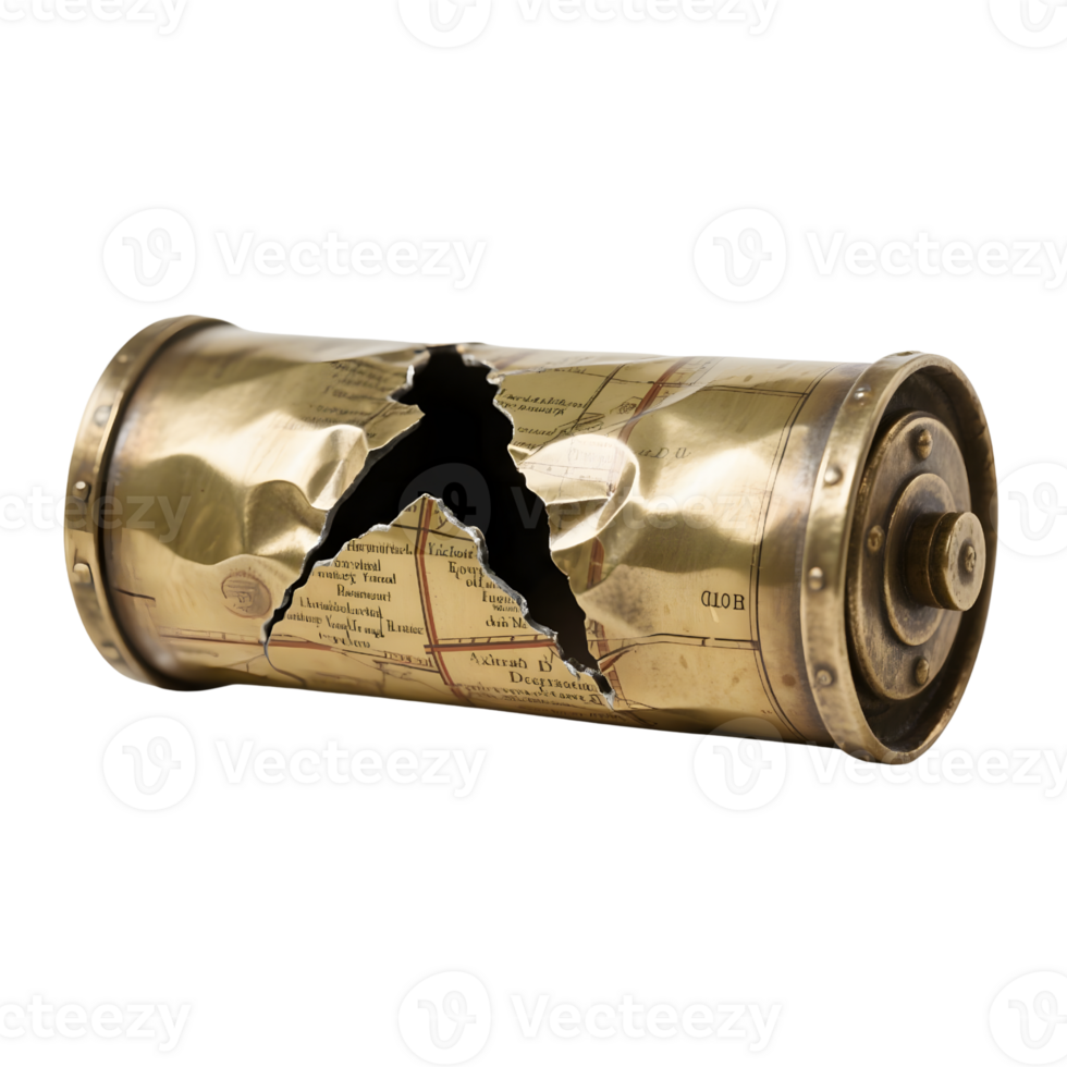 Damaged brass cylinder map isolated on transparent background png